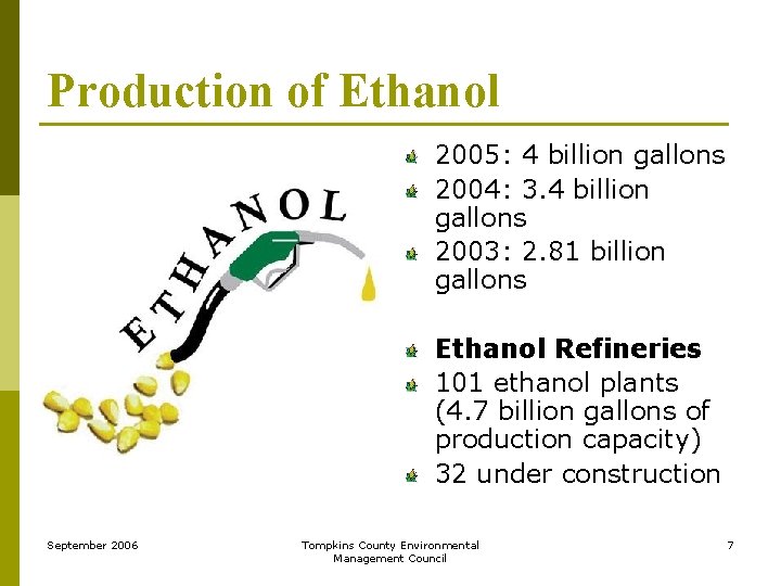 Production of Ethanol 2005: 4 billion gallons 2004: 3. 4 billion gallons 2003: 2.
