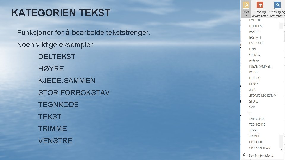 KATEGORIEN TEKST Funksjoner for å bearbeide tekststrenger. Noen viktige eksempler: DELTEKST HØYRE KJEDE. SAMMEN