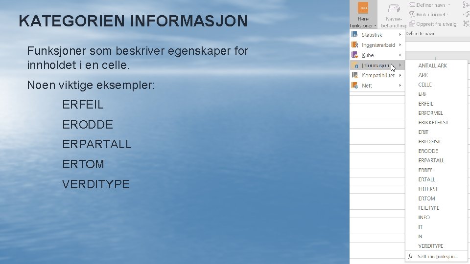 KATEGORIEN INFORMASJON Funksjoner som beskriver egenskaper for innholdet i en celle. Noen viktige eksempler: