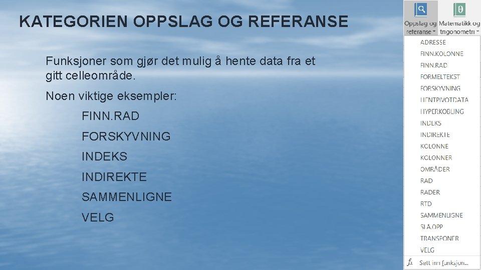 KATEGORIEN OPPSLAG OG REFERANSE Funksjoner som gjør det mulig å hente data fra et