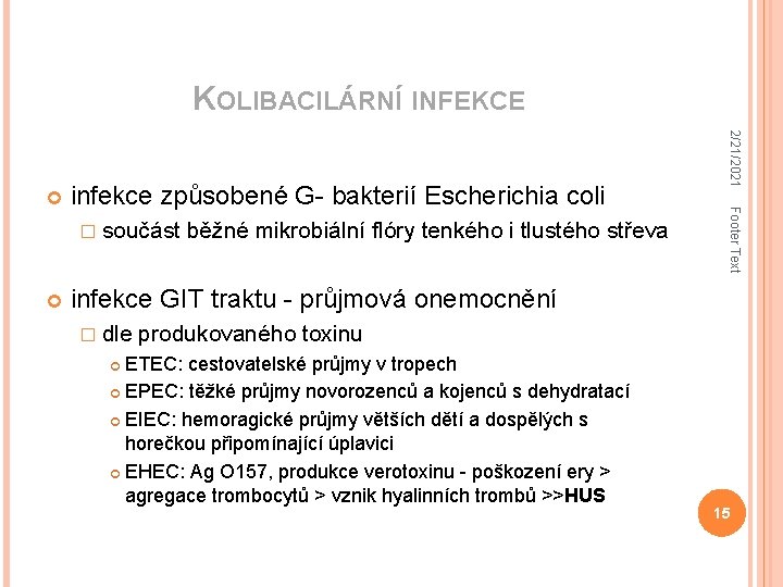 KOLIBACILÁRNÍ INFEKCE � součást běžné mikrobiální flóry tenkého i tlustého střeva Footer Text infekce