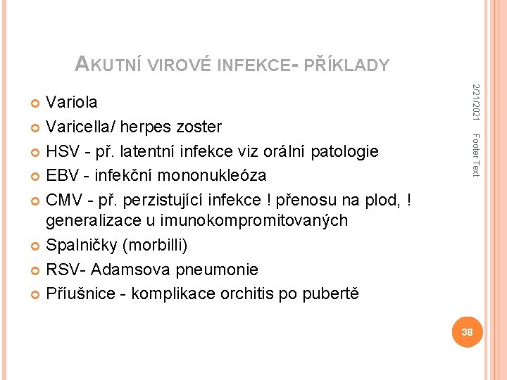 AKUTNÍ VIROVÉ INFEKCE- PŘÍKLADY 2/21/2021 Footer Text Variola Varicella/ herpes zoster HSV - př.