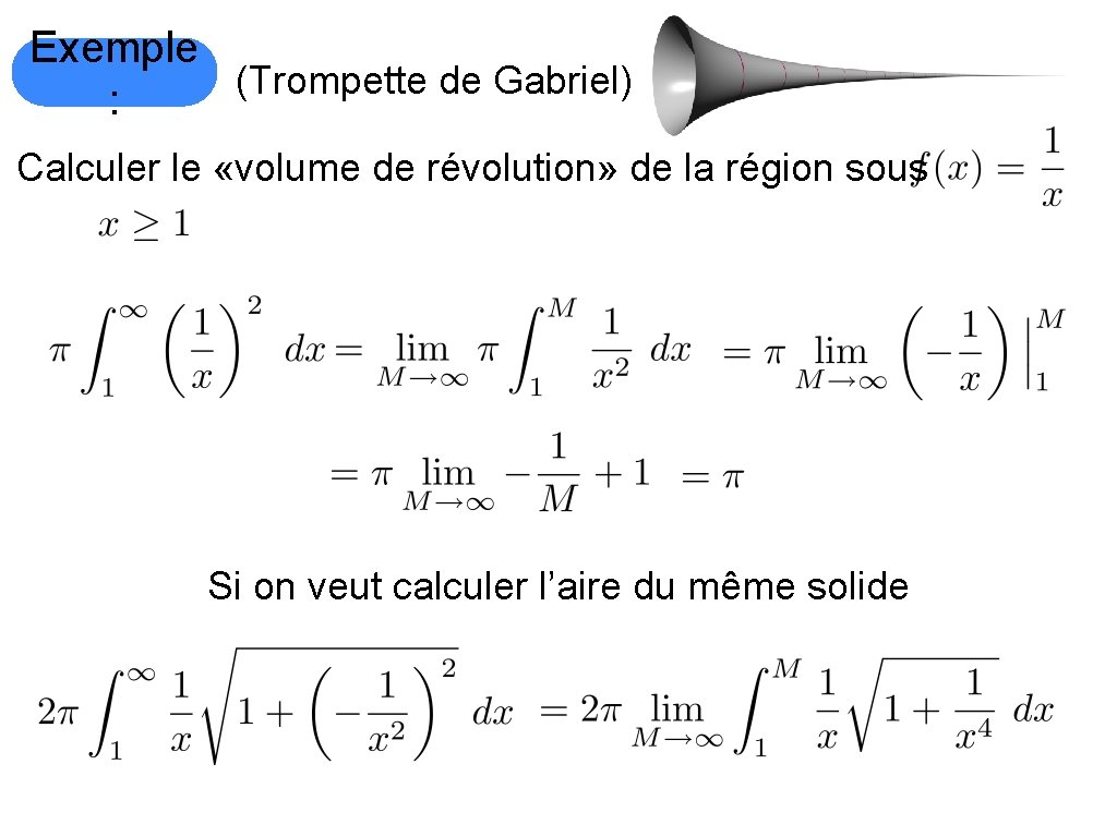 Exemple (Trompette de Gabriel) : Calculer le «volume de révolution» de la région sous