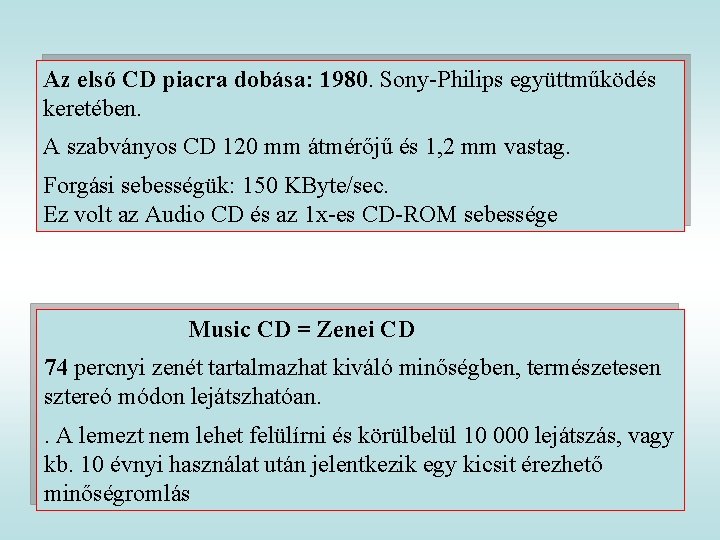 Az első CD piacra dobása: 1980. Sony-Philips együttműködés keretében. A szabványos CD 120 mm