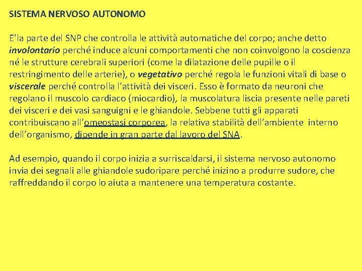 SISTEMA NERVOSO AUTONOMO E’la parte del SNP che controlla le attività automatiche del corpo;