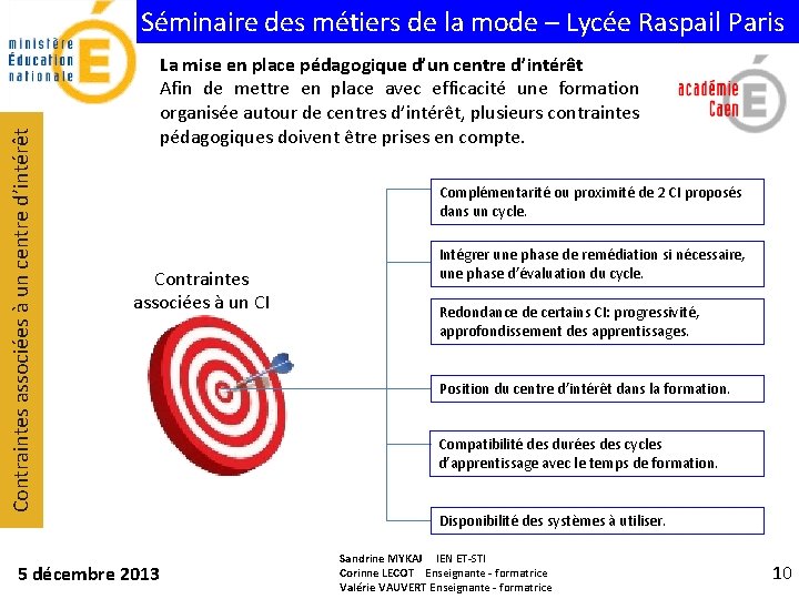 Contraintes associées à un centre d’intérêt Séminaire des métiers de la mode – Lycée