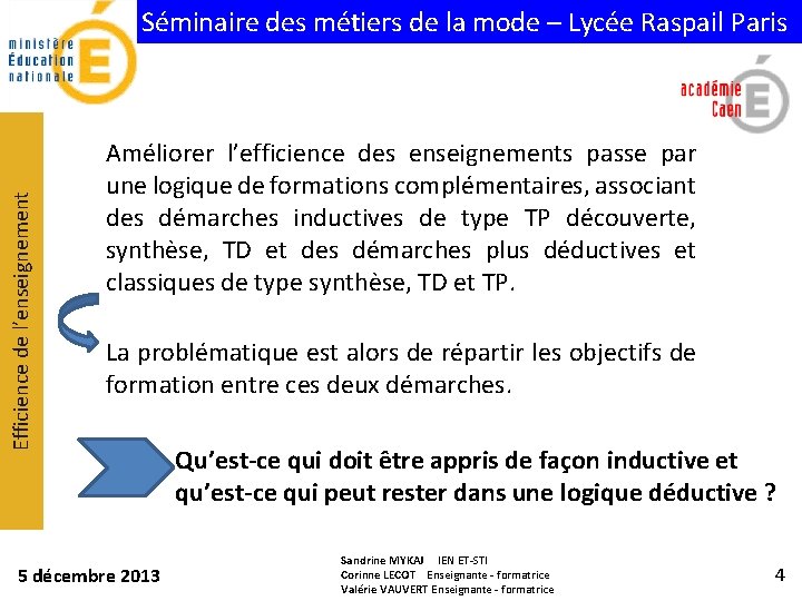 Efficience de l’enseignement Séminaire des métiers de la mode – Lycée Raspail Paris Améliorer