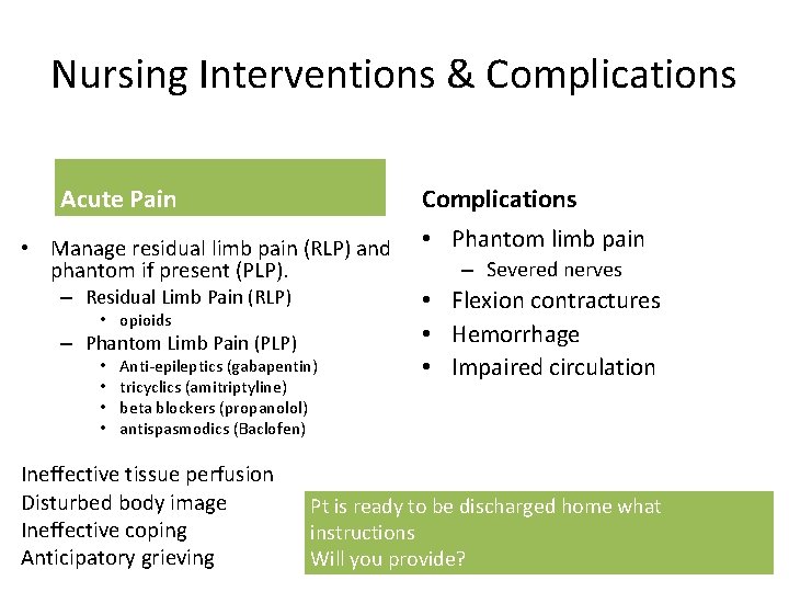Nursing Interventions & Complications Acute Pain • Manage residual limb pain (RLP) and phantom