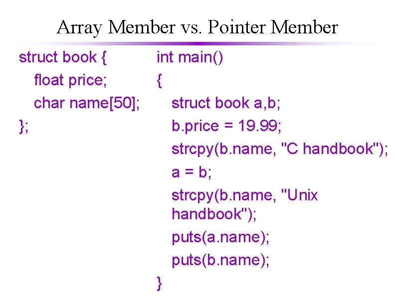 Array Member vs. Pointer Member struct book { float price; char name[50]; }; int