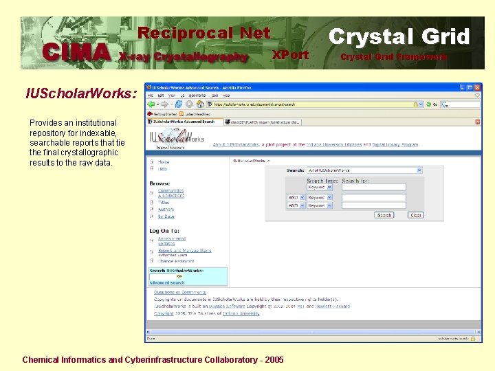 Reciprocal Net XPort IUScholar. Works: Provides an institutional repository for indexable, searchable reports that