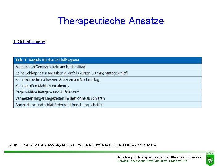 Therapeutische Ansätze 1. Schlafhygiene Schlitzer J. et al. Schlaf und Schlafstörungen beim alten Menschen, Therapeutische Ansätze 1. Schlafhygiene Schlitzer J. et al. Schlaf und Schlafstörungen beim alten Menschen,