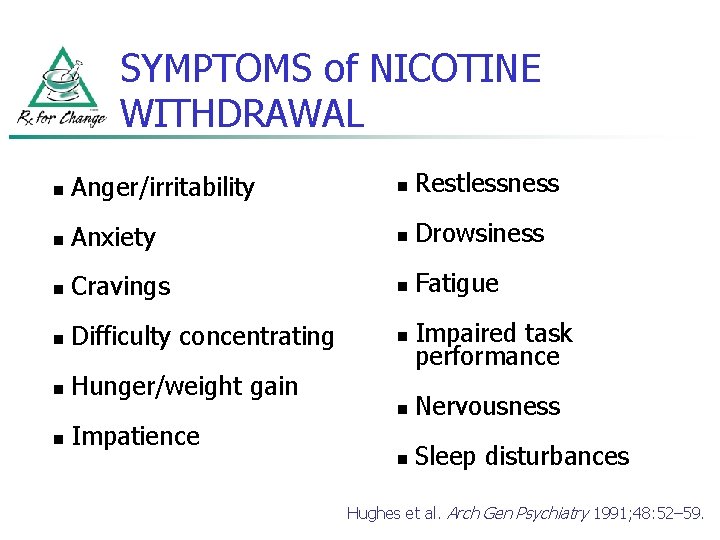 SYMPTOMS of NICOTINE WITHDRAWAL n Anger/irritability n Restlessness n Anxiety n Drowsiness n Cravings
