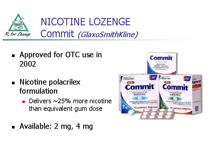 NICOTINE LOZENGE Commit (Glaxo. Smith. Kline) n n Approved for OTC use in 2002