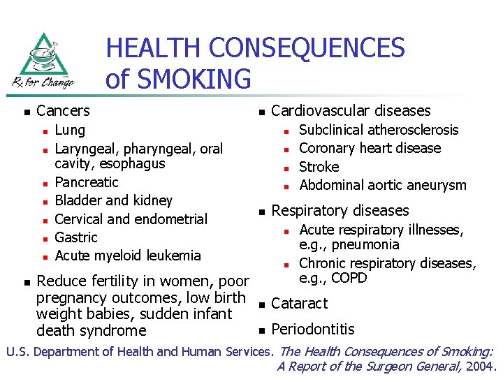 HEALTH CONSEQUENCES of SMOKING n Cancers n n n n Lung Laryngeal, pharyngeal, oral