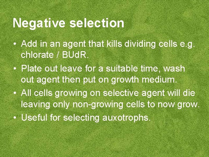Negative selection • Add in an agent that kills dividing cells e. g. chlorate
