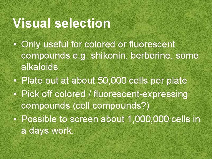 Visual selection • Only useful for colored or fluorescent compounds e. g. shikonin, berberine,