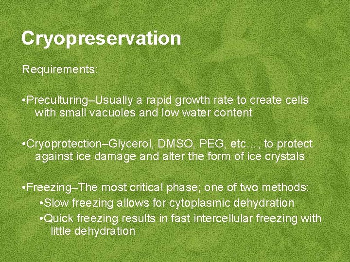 Cryopreservation Requirements: • Preculturing–Usually a rapid growth rate to create cells with small vacuoles