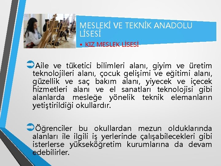 MESLEKİ VE TEKNİK ANADOLU LİSESİ • KIZ MESLEK LİSESİ ÜAile ve tüketici bilimleri alanı,