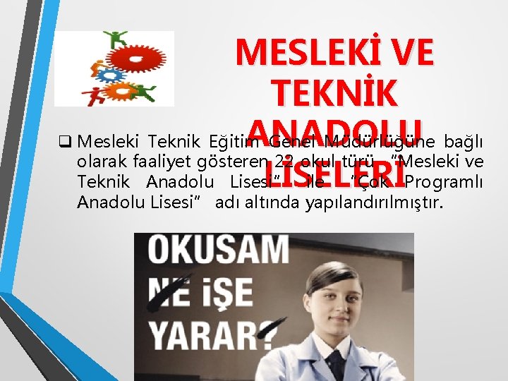 MESLEKİ VE TEKNİK ANADOLU q Mesleki Teknik Eğitim Genel Müdürlüğüne bağlı olarak faaliyet gösteren