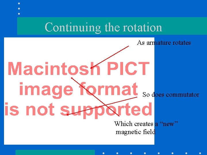 Continuing the rotation As armature rotates So does commutator Which creates a “new” magnetic