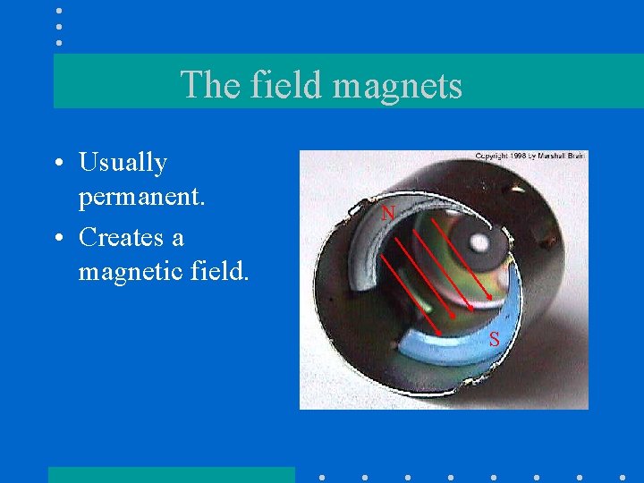 The field magnets • Usually permanent. • Creates a magnetic field. N S 