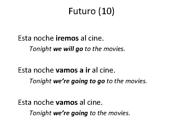 Futuro (10) Esta noche iremos al cine. Tonight we will go to the movies.