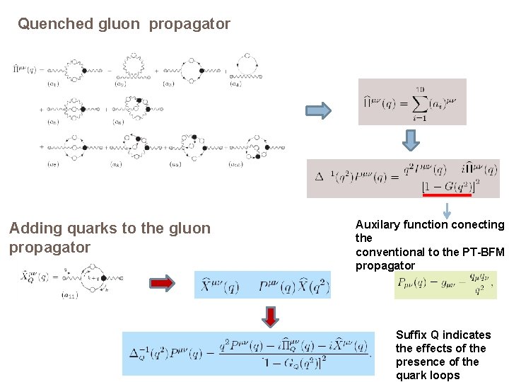 Quenched gluon propagator Adding quarks to the gluon propagator Auxilary function conecting the conventional