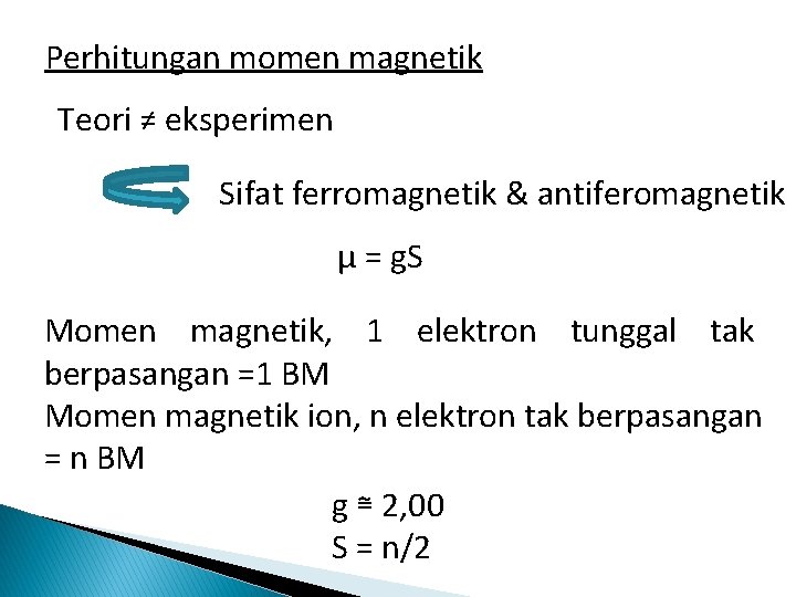 Perhitungan momen magnetik Teori ≠ eksperimen Sifat ferromagnetik & antiferomagnetik µ = g. S