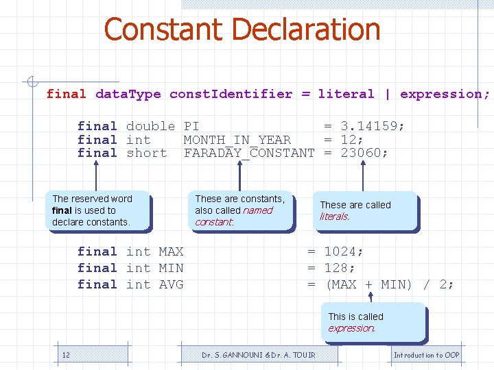 Constant Declaration final data. Type const. Identifier = literal | expression; final double PI