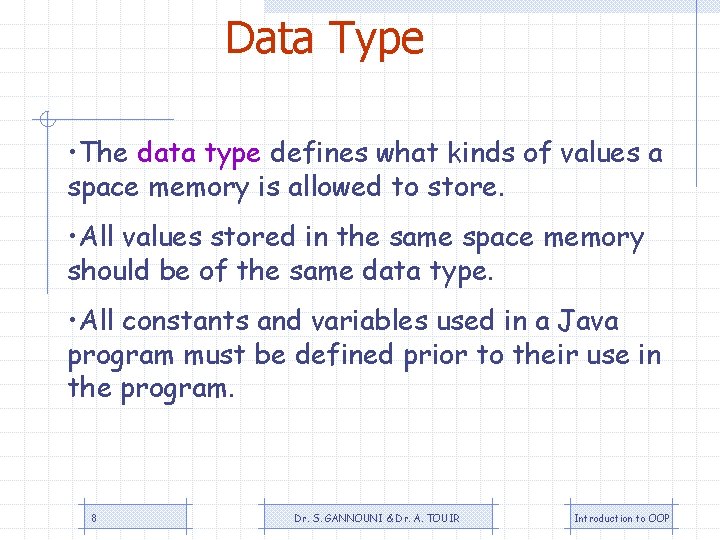 Data Type • The data type defines what kinds of values a space memory