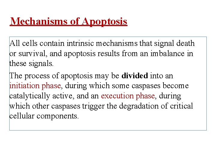 Mechanisms of Apoptosis All cells contain intrinsic mechanisms that signal death or survival, and