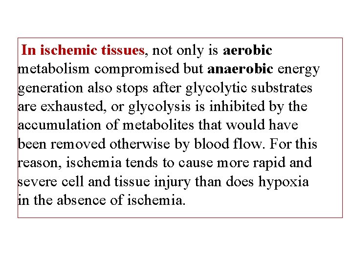 In ischemic tissues, not only is aerobic metabolism compromised but anaerobic energy generation also