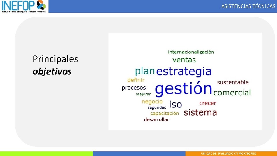 ASISTENCIAS TÉCNICAS Principales objetivos UNIDAD DE EVALUACIÓN Y MONITOREO 