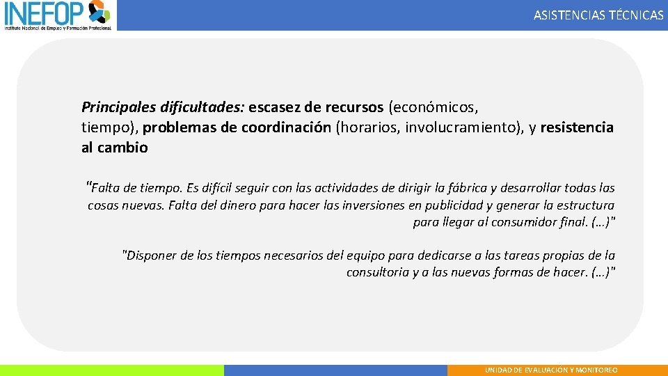 ASISTENCIAS TÉCNICAS Principales dificultades: escasez de recursos (económicos, tiempo), problemas de coordinación (horarios, involucramiento),