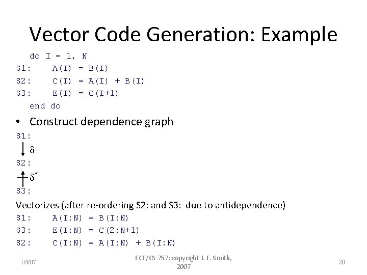 Vector Code Generation: Example do I = 1, N S 1: A(I) = B(I)