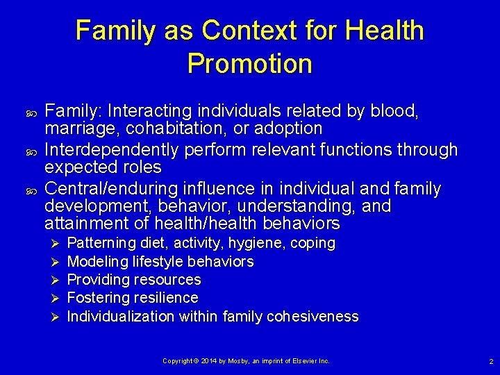 Family as Context for Health Promotion Family: Interacting individuals related by blood, marriage, cohabitation,