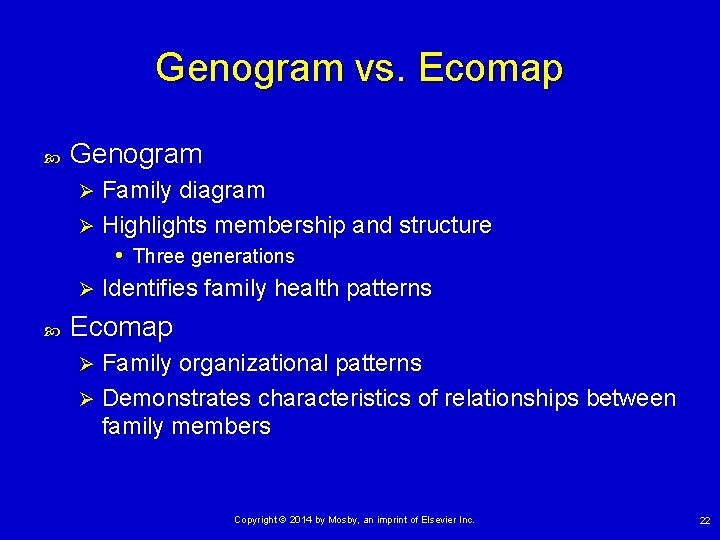 Genogram vs. Ecomap Genogram Family diagram Ø Highlights membership and structure • Three generations