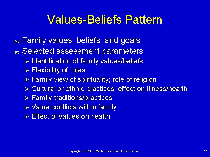 Values-Beliefs Pattern Family values, beliefs, and goals Selected assessment parameters Identification of family values/beliefs