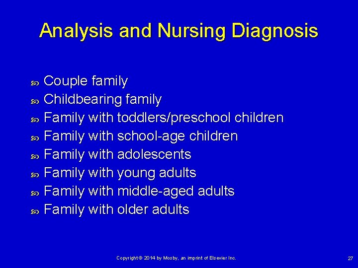 Analysis and Nursing Diagnosis Couple family Childbearing family Family with toddlers/preschool children Family with