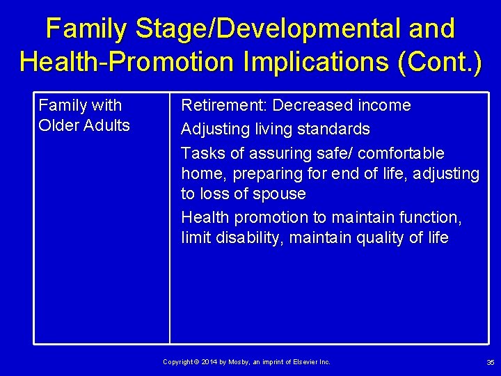 Family Stage/Developmental and Health-Promotion Implications (Cont. ) Family with Older Adults Retirement: Decreased income