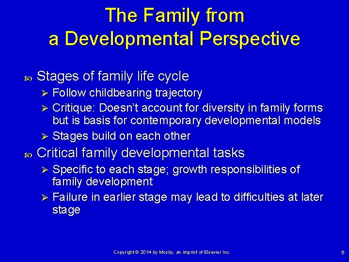 The Family from a Developmental Perspective Stages of family life cycle Follow childbearing trajectory