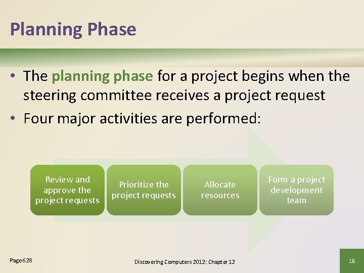 Planning Phase • The planning phase for a project begins when the steering committee