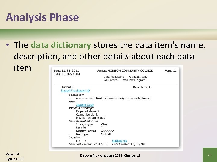 Analysis Phase • The data dictionary stores the data item’s name, description, and other