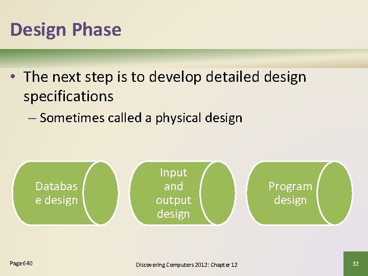 Design Phase • The next step is to develop detailed design specifications – Sometimes