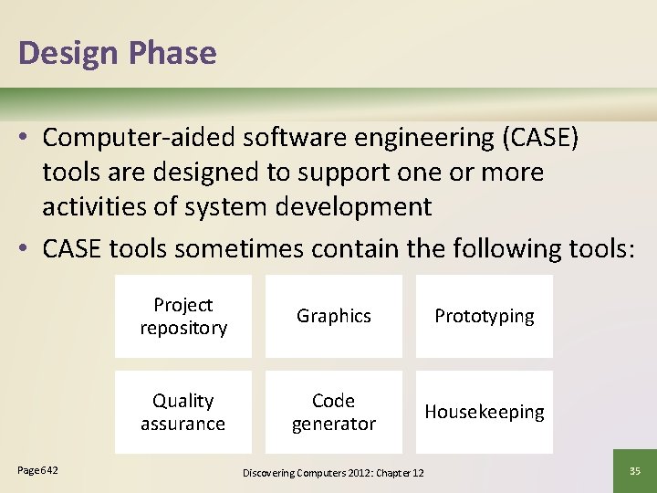 Design Phase • Computer-aided software engineering (CASE) tools are designed to support one or