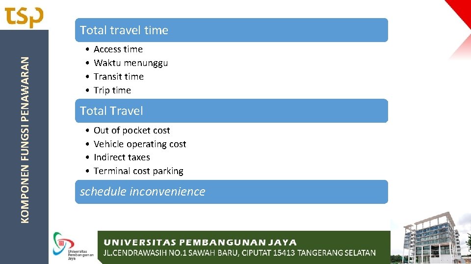 KOMPONEN FUNGSI PENAWARAN Total travel time • • Access time Waktu menunggu Transit time