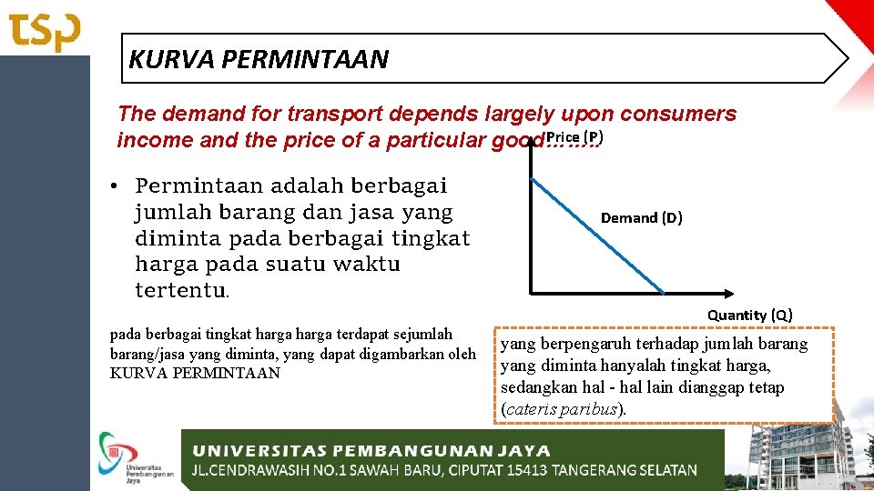 KURVA PERMINTAAN The demand for transport depends largely upon consumers Price (P) income and