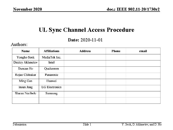 November 2020 doc. : IEEE 802. 11 -20/1730 r 2 UL Sync Channel Access
