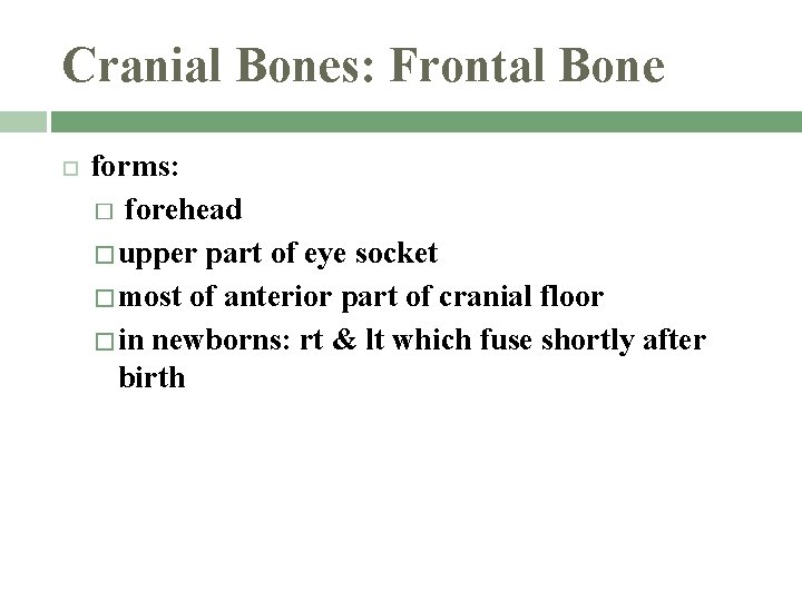 Cranial Bones: Frontal Bone forms: � forehead � upper part of eye socket �