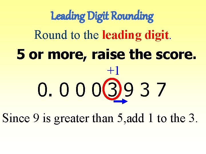Leading Digit Rounding Round to the leading digit. 5 or more, raise the score.